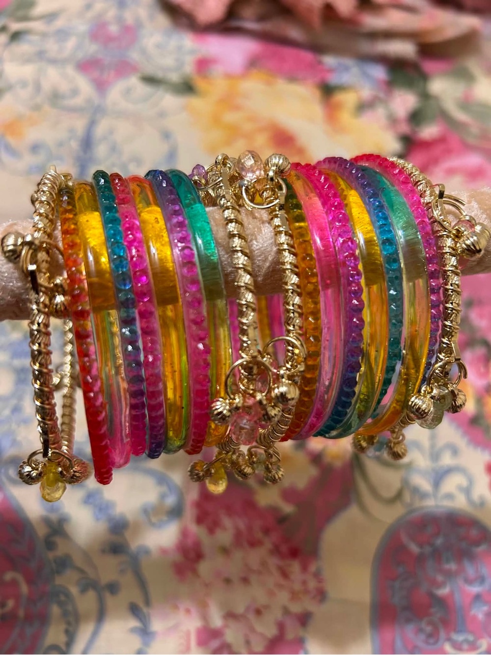 Colorful Multicolor Resin and Gold-Tone Bangle Kashmiri set glass 2.6